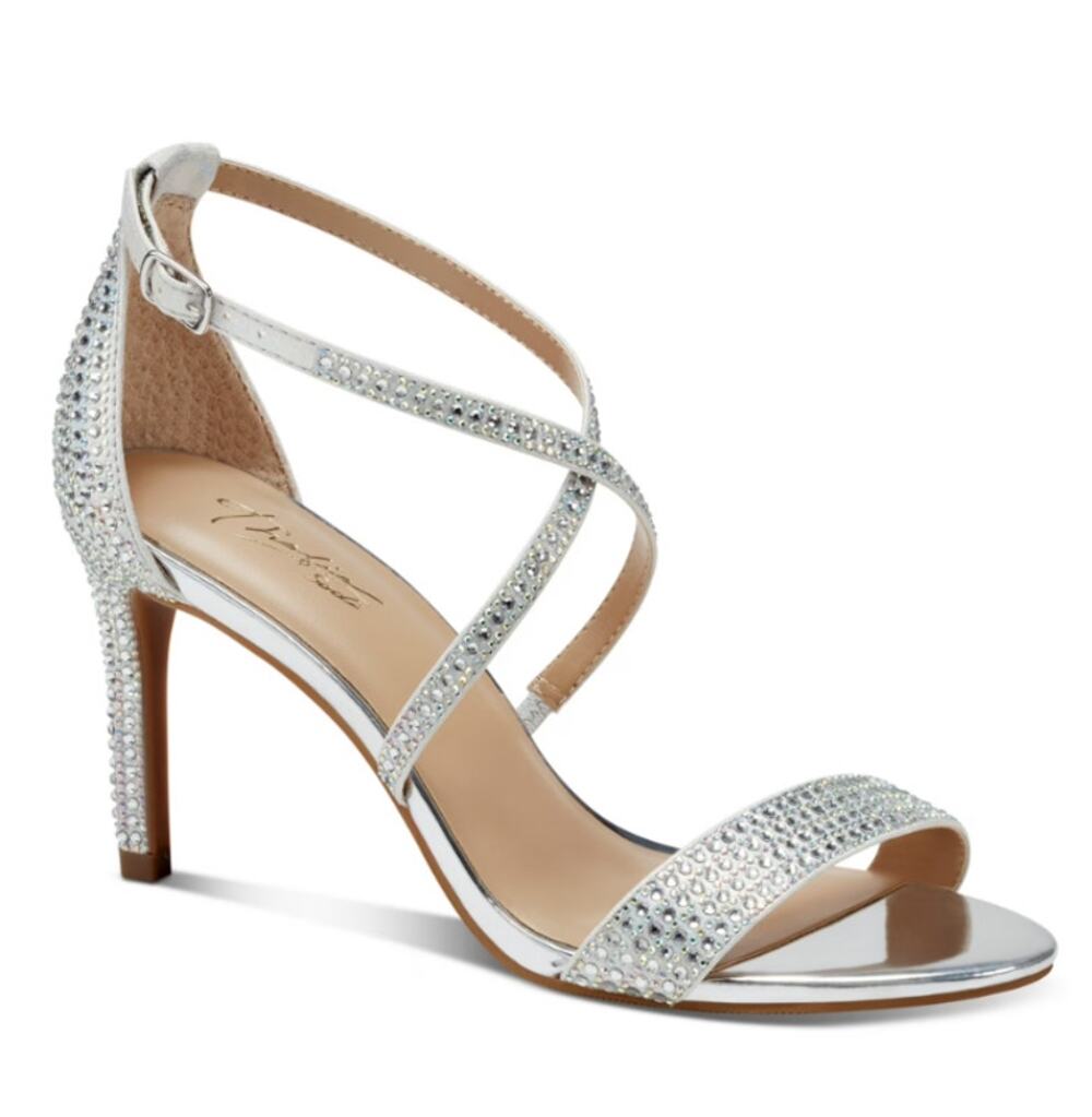 Thalia Sodi Stiletto Heel Darria Rhinestone Sandals WMNS 6M Silver Ankle Straps